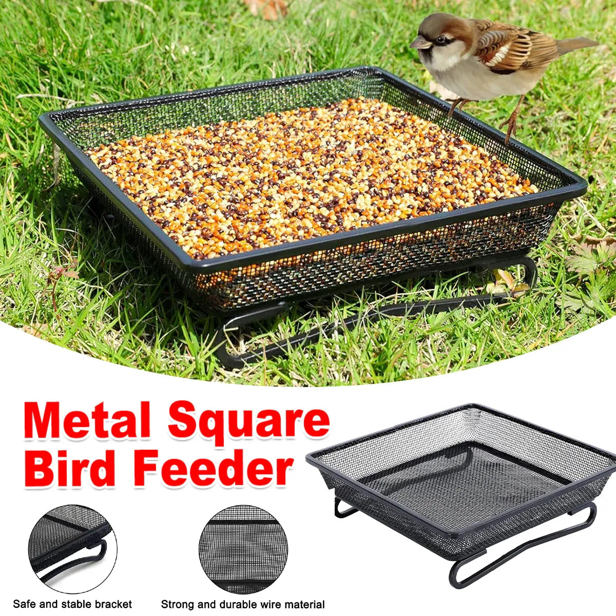 Bird Feeder Metal Square Ground Mesh Tray Feeder Garden Yard Wild Bird Feeding